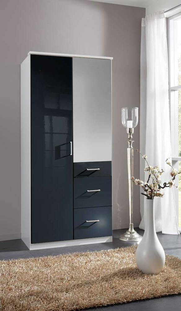 Armoire 2 portes 3 tiroirs Clack blanc/noir brillant portes miroirs