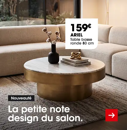 Table basse ronde 80 cm ARIEL avec plateau effet marbre et socle dor� satin�