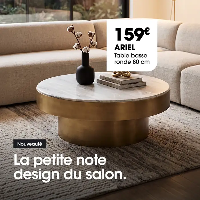Table basse ronde 80 cm ARIEL avec plateau effet marbre et socle dor� satin�