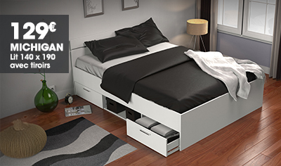 Lit 140 x 190 avec tiroirs MICHIGAN