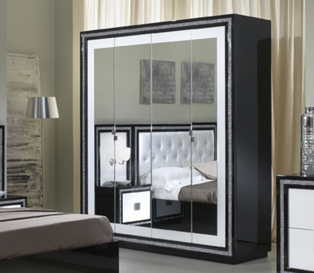 Armoire 4 portes Krystel laque bicolore Noir/blanc