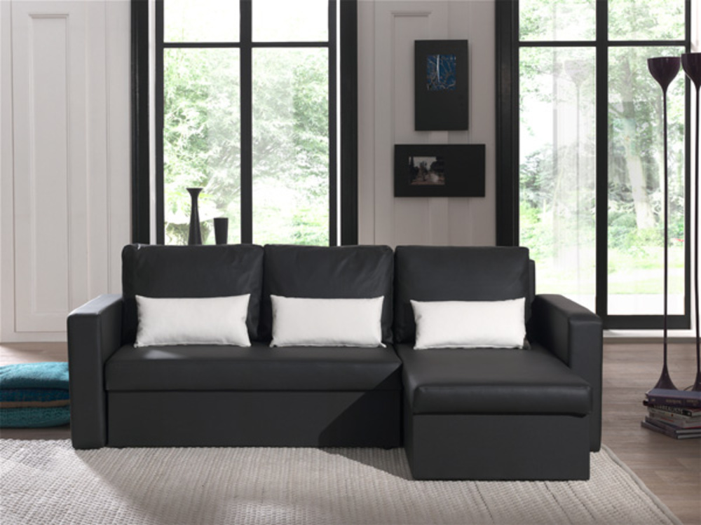 Canapé d'angle convertible et réversible en tissu bleu canard avec coffre de rangement KORI