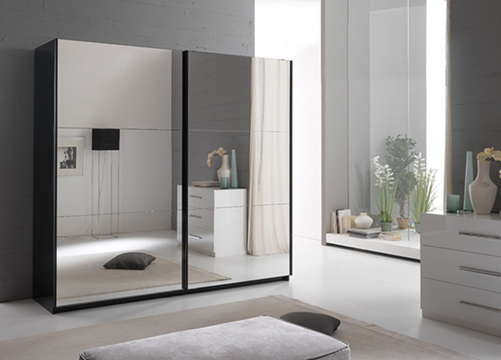 Armoire 2 portes en 230 cm laquée Jazzy Structure noire/porte miroir