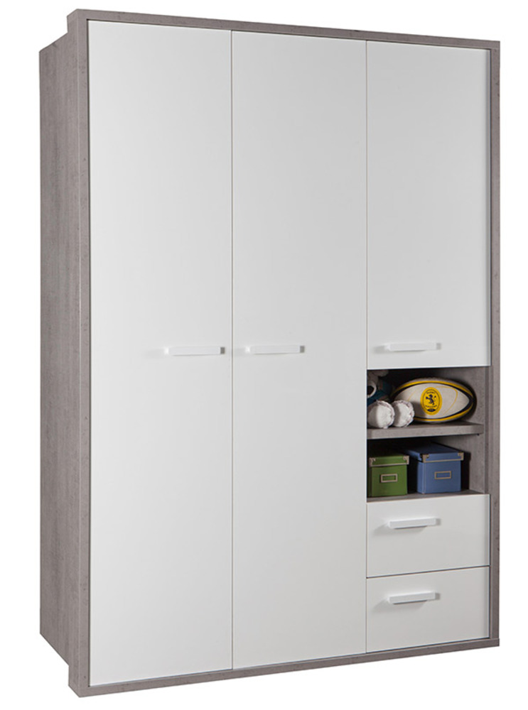 Armoire 3 portes 2 tiroirs Dolce Beton structure/blanc brillant