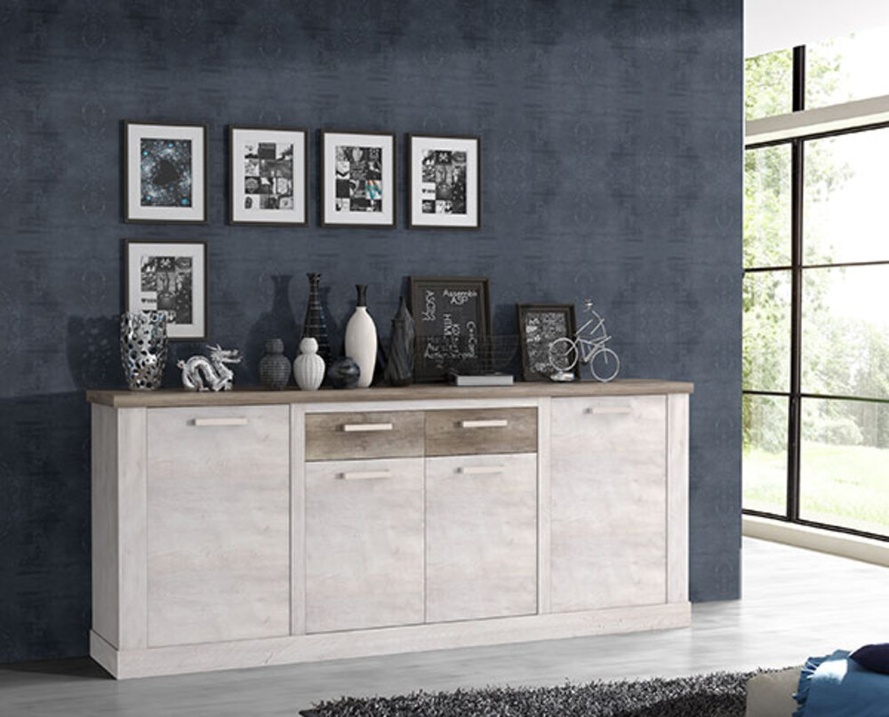 Bahut 4 portes et 2 tiroirs Duro salle à manger Pin blanc/chene antique