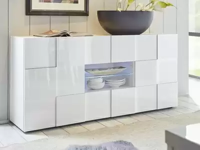 Bahut 2 portes 2 tiroirs Damier blanc brillant