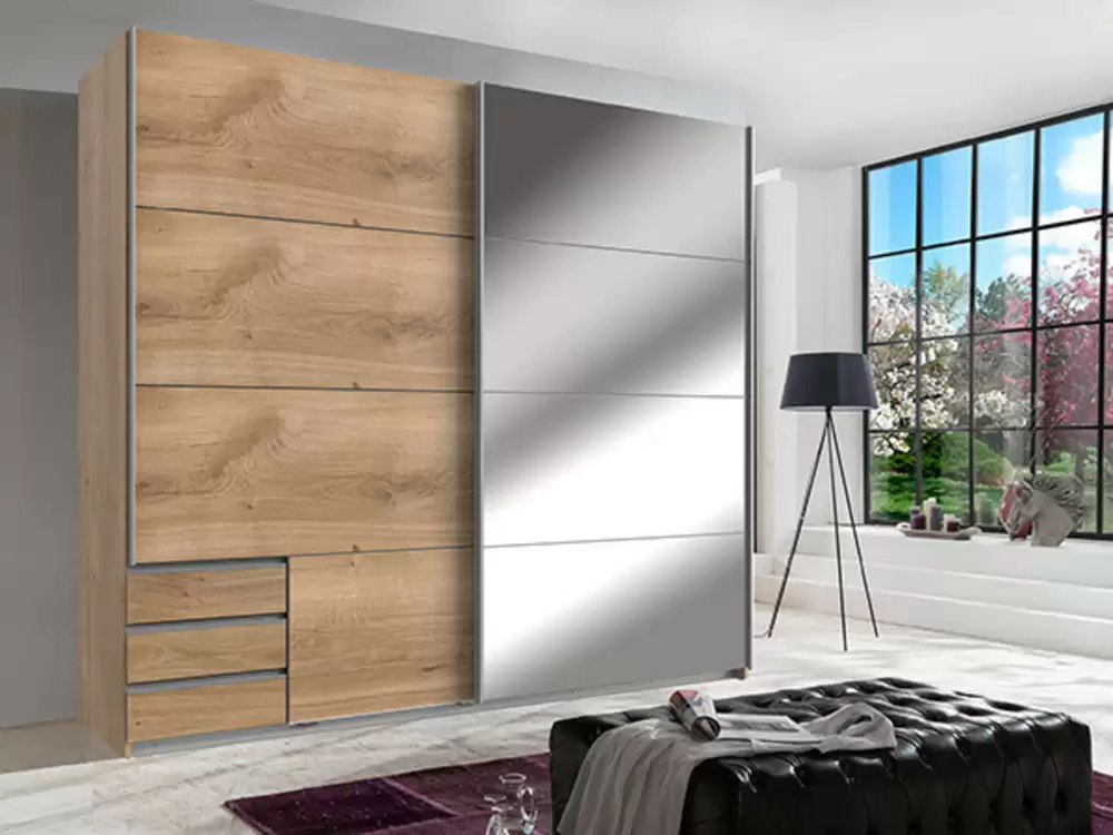 Armoire 2 portes coulissantes dont 1 miroir et 3 tiroirs Seattle Chene