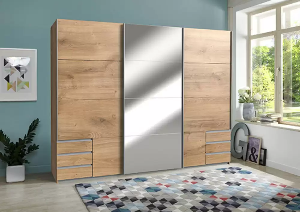 Armoire 3 portes coulissantes dont 1 miroir et 6 tiroirs Seattle Chene
