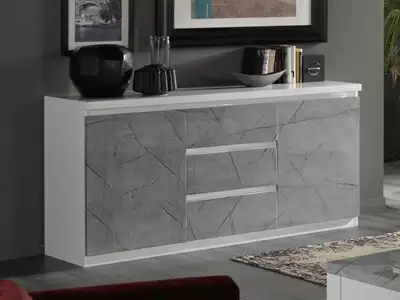 Bahut 2 portes 3 tiroirs Roma laqu blanc/marbr gris