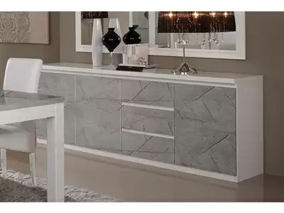 Bahut 3 portes 3 tiroirs Roma laqu blanc/marbr gris