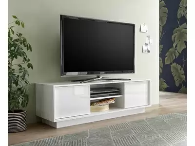 Meuble TV design béton laqué blanc 2 portes avec LED Oman - GdeGdesign