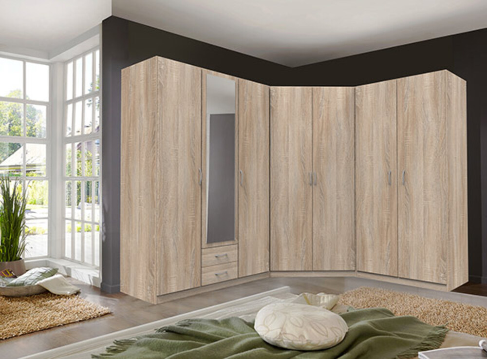 Armoire d'angle 2 portes miroirs Sprint chene Blanc