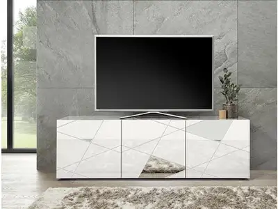 Meuble TV Blanc Brillant 100x24x32 Cm - Avec 2 étagères, Design Moderne - Pour Salon, Salle à Manger Ou Chambre - 9