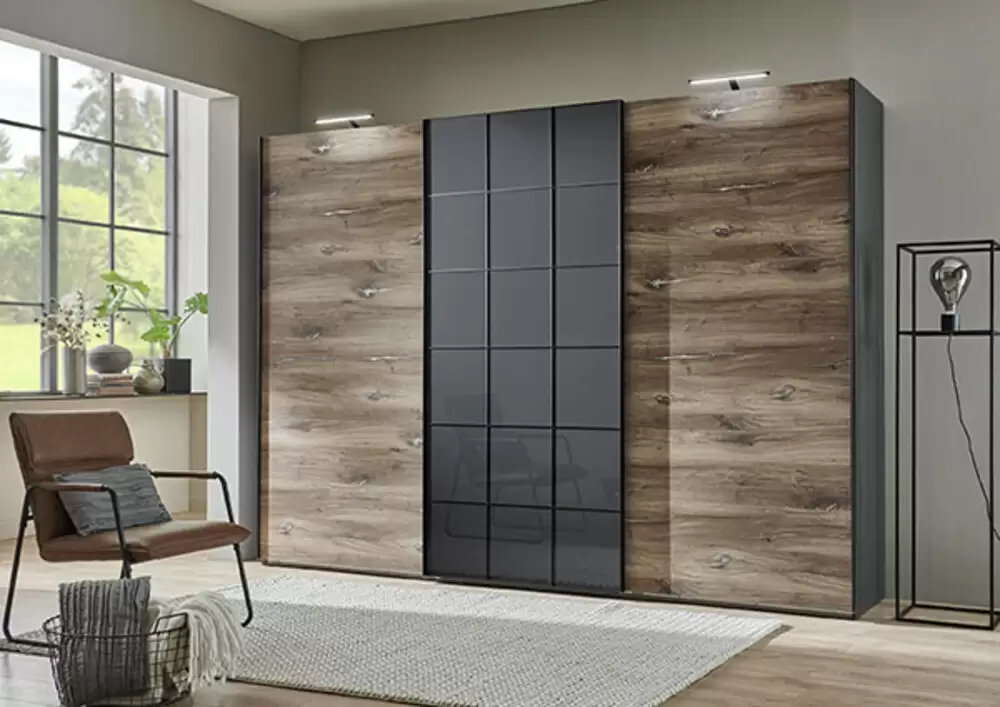 Armoire 3 portes coulissantes Toronto Chene foncé/gris graphite
