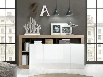 Bahut 4 portes Fribourg laqu blanc/chene