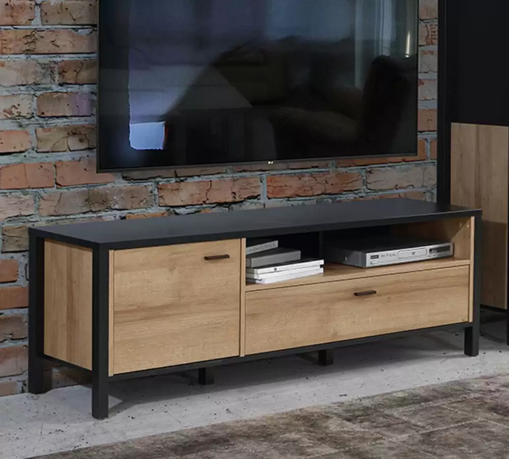 Meubles de salon en bois et métal : 1 meuble TV, 1 vitrine et 1 étagère  murale - ASM