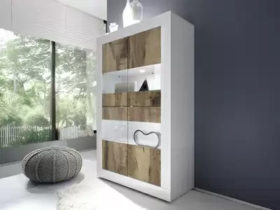 Vitrine 4 portes vitrs Costa blanc brillant/poirier