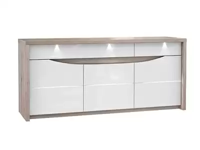 Bahut 3 portes et 2 tiroirs Saint tropez chene cendr/blanc brillant