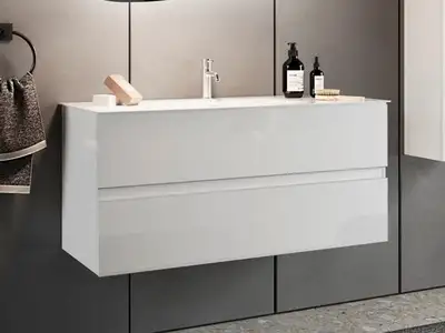 Meuble Sous Vasque Suspendu TOMI – 2 Tiroirs + 2 Niches – Hêtre Et Blanc – L.100 X L.45 X H.60 Cm – Montage Facile