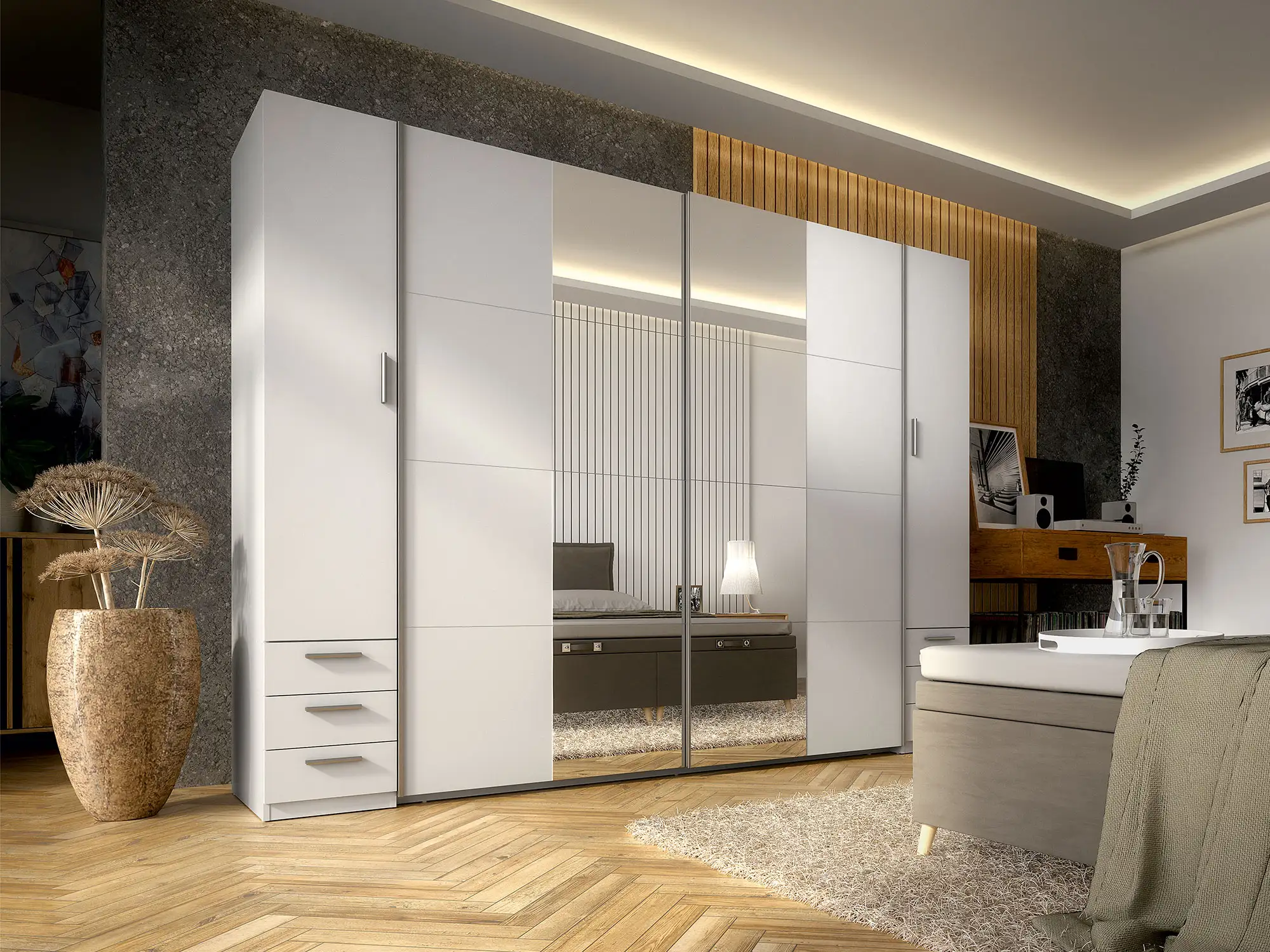 Armoire 4 portes dont 2 portes coullissantes+ 6 tiroirs Store