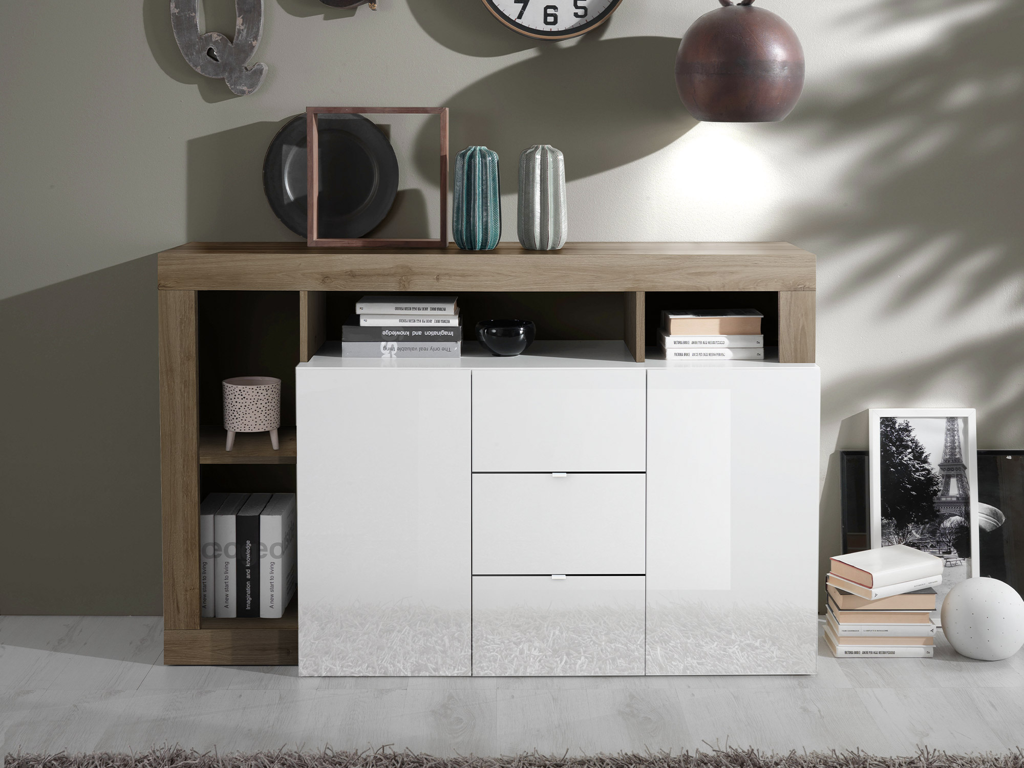 Bahut 2 portes et 3 tiroirs Fribourg laqu� blanc/chene